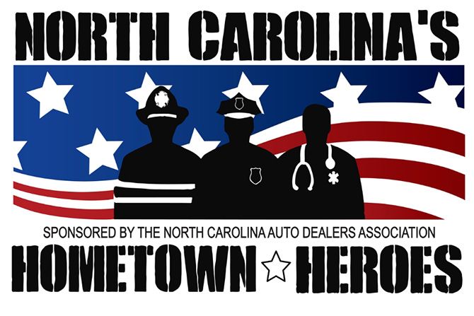 North Carolina's Hometown Heroes - Silhouettes of a firefighter, police officer, and medical worker in front of an American flag