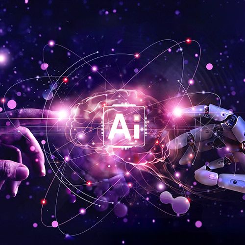 The AI Advantage; A human hand and a robotic hand reach towards each other, surrounded by glowing digital elements and a stylized brain with "AI" in the center, symbolizing connection and technology.
